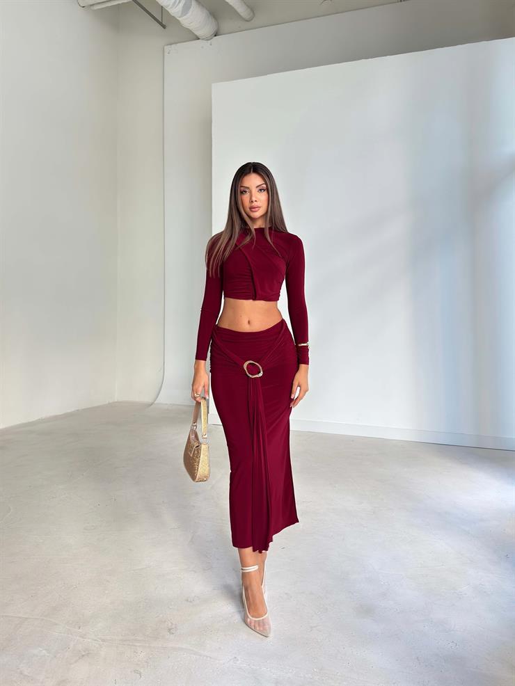 Aksesuarlı Eteği Yırtmaçlı Sendi Bordo Kadın İkili Takım 26K117