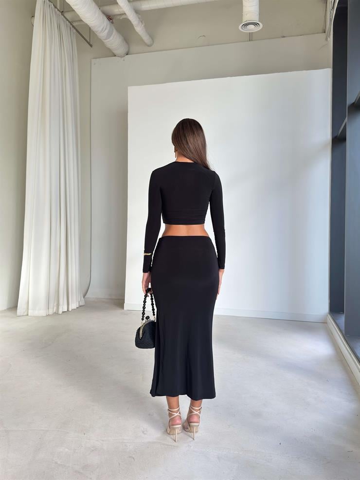 Aksesuarlı Eteği Yırtmaçlı Sendi Siyah Kadın İkili Takım 26K117