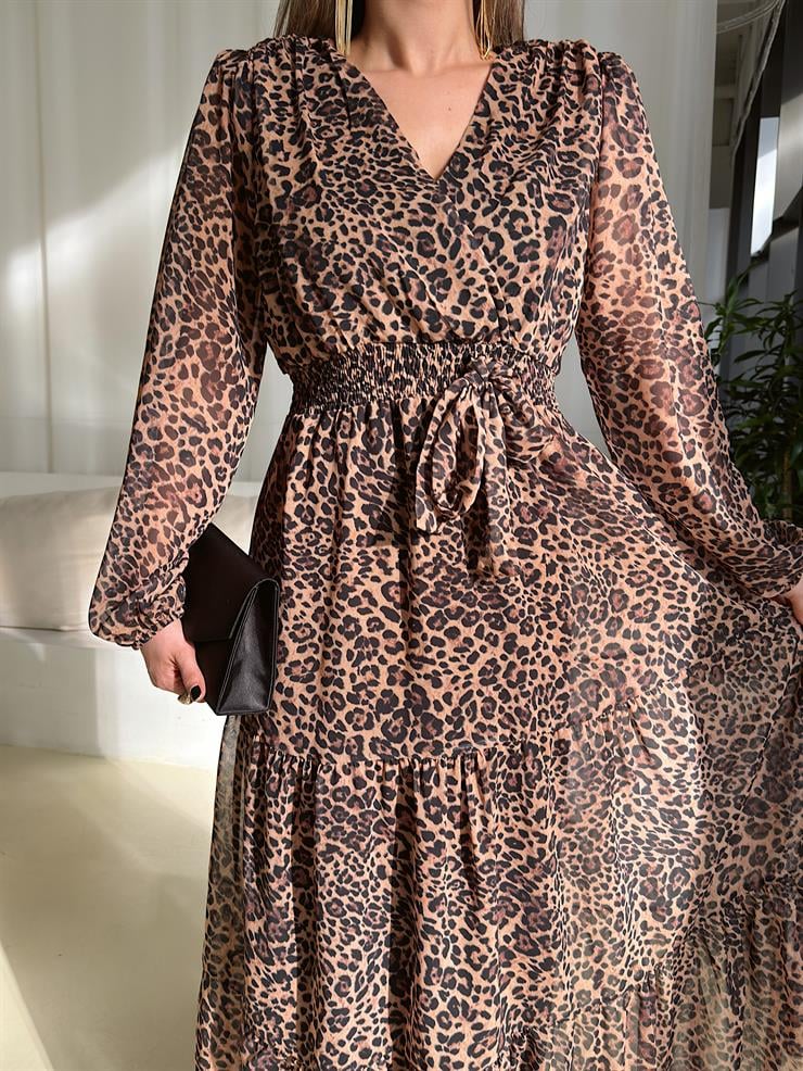 Kruvaze Yaka Beli Lastikli Sens Leopar Desenli Kadın Şifon Elbise 25Y108