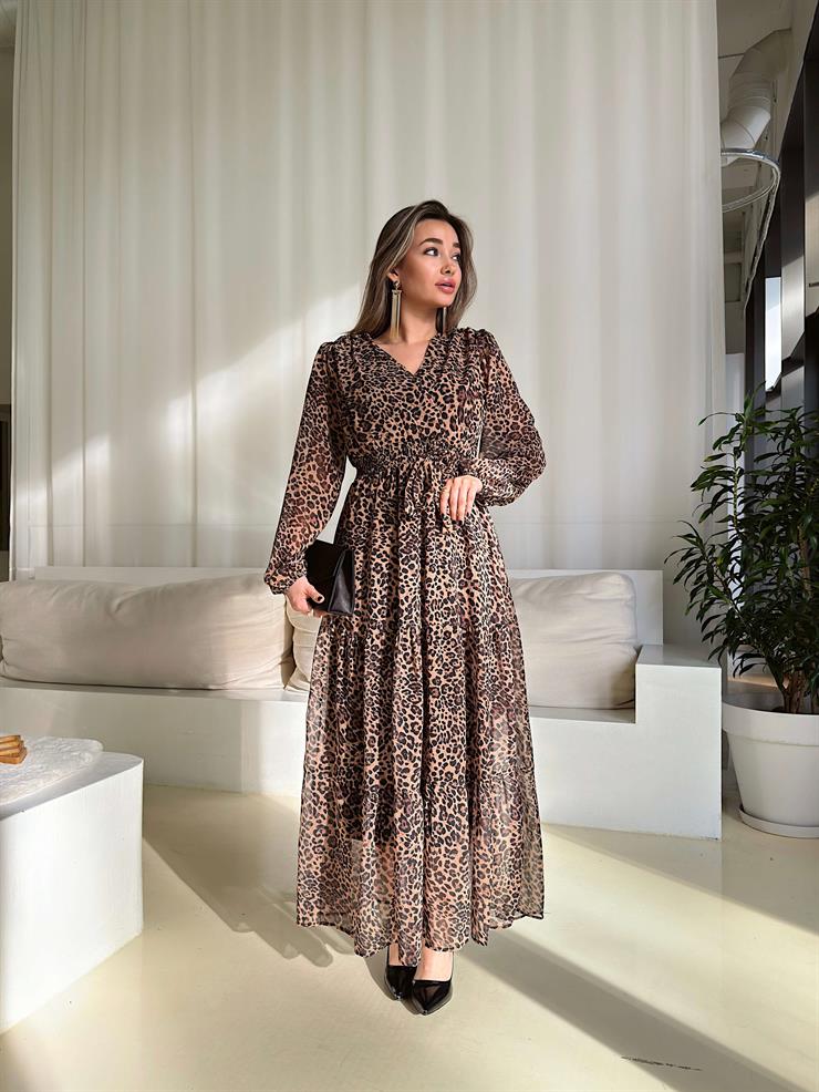 Kruvaze Yaka Beli Lastikli Sens Leopar Desenli Kadın Şifon Elbise 25Y108