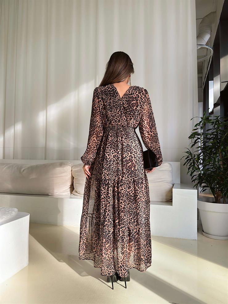 Kruvaze Yaka Beli Lastikli Sens Leopar Desenli Kadın Şifon Elbise 25Y108