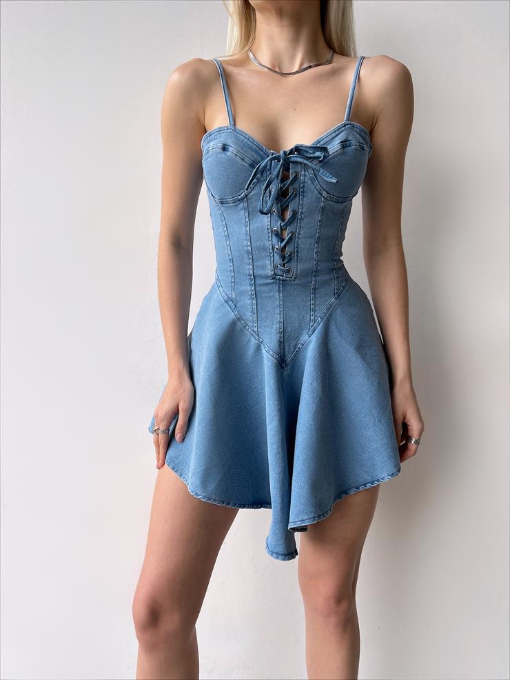 Askılı Göğüs Kısmı Bağcıklı Korse Detaylı Serena Kadın Mavi Mini Kot Elbise 23Y000258