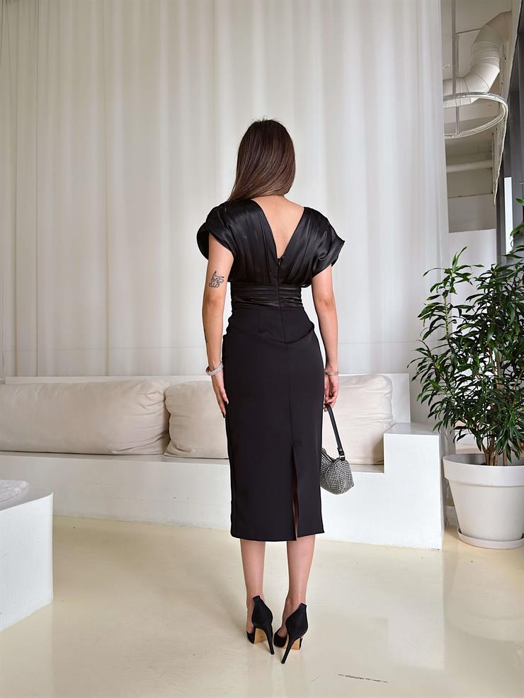 V Yaka Belden Oturtmalı Taş Detaylı Serv Siyah Kadın Midi Elbise 25Y101