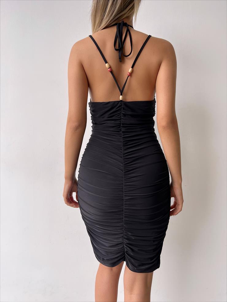 Drape Detaylı Askısı Sırttan Çapraz Görünümlü Boyundan Bağlama Detaylı Seta Kadın Siyah Mini Elbise 23Y000250