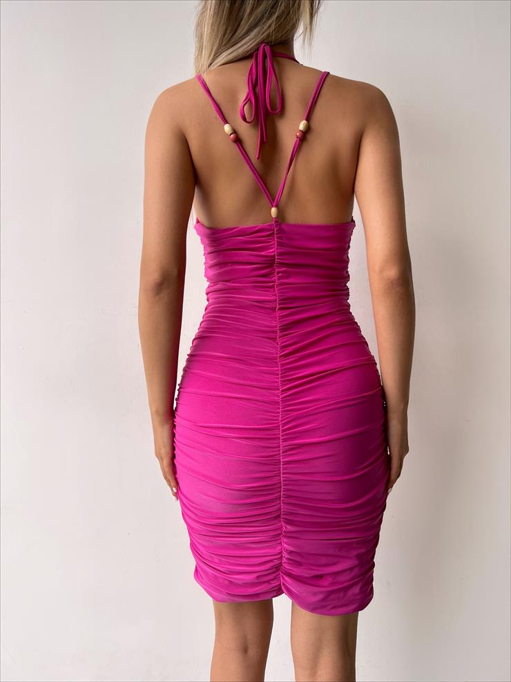 Drape Detaylı Askısı Sırttan Çapraz Görünümlü Boyundan Bağlama Detaylı Seta Kadın Fuşya Mini Elbise 23Y000250