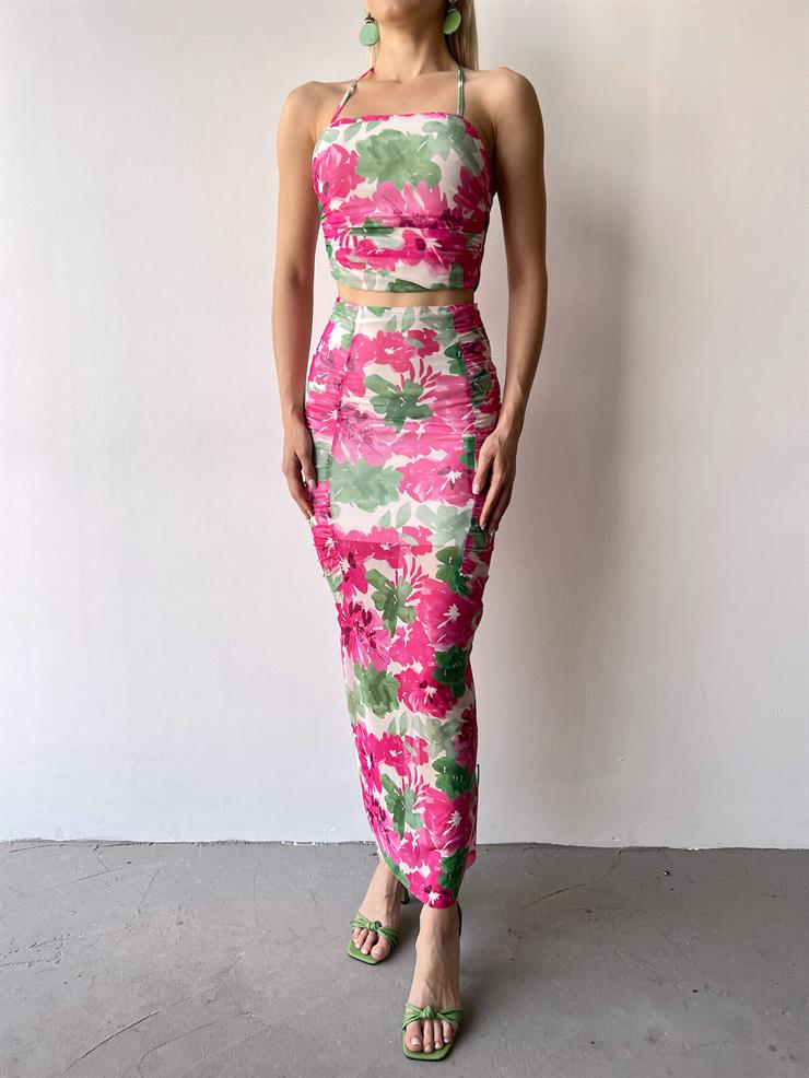 Boyundan Bağlamalı İnce Askılı Crop Yanları Drape Detaylı Etek Sette Kadın Fuşya İkili Takım 23Y000363