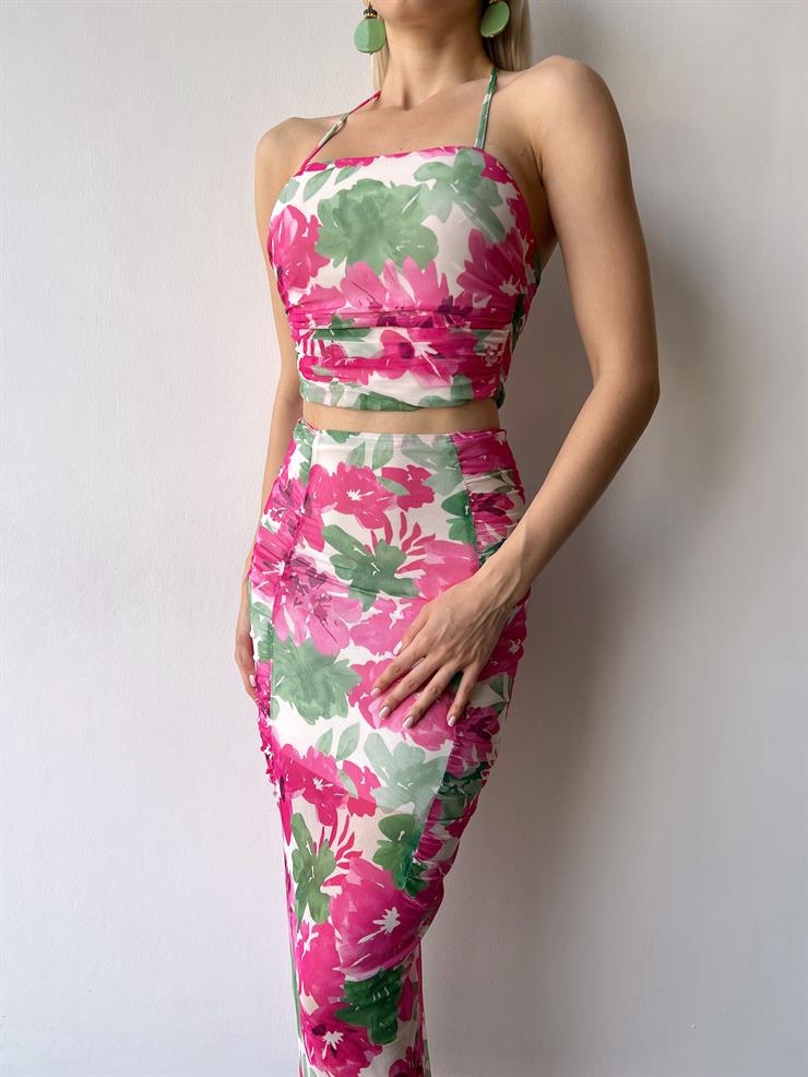 Boyundan Bağlamalı İnce Askılı Crop Yanları Drape Detaylı Etek Sette Kadın Fuşya İkili Takım 23Y000363