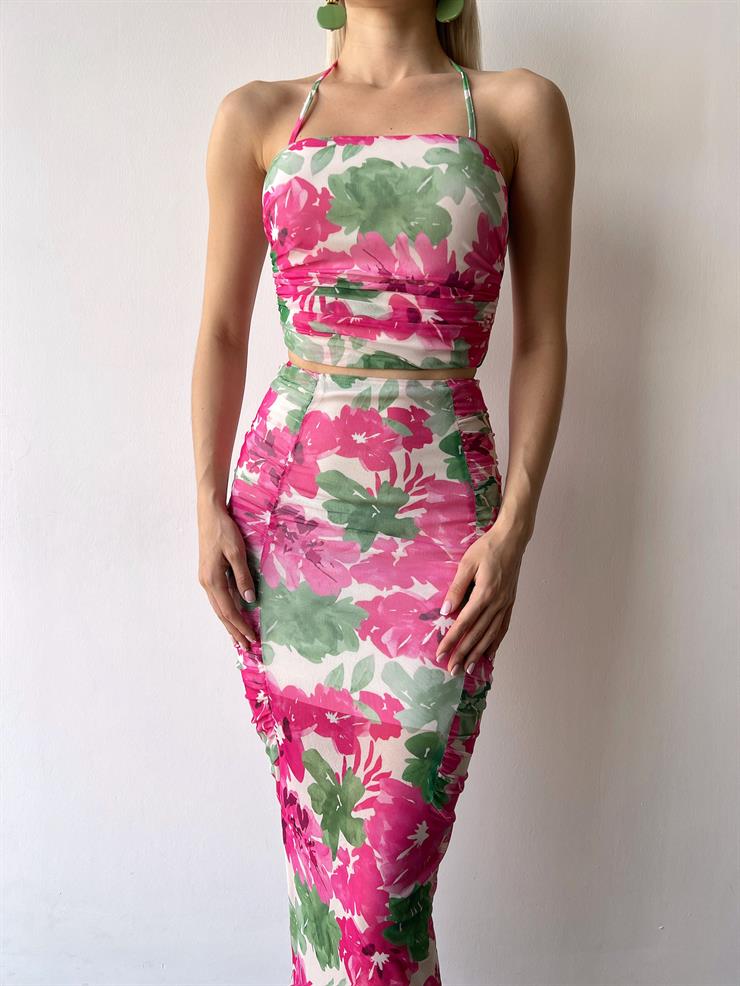 Boyundan Bağlamalı İnce Askılı Crop Yanları Drape Detaylı Etek Sette Kadın Fuşya İkili Takım 23Y000363