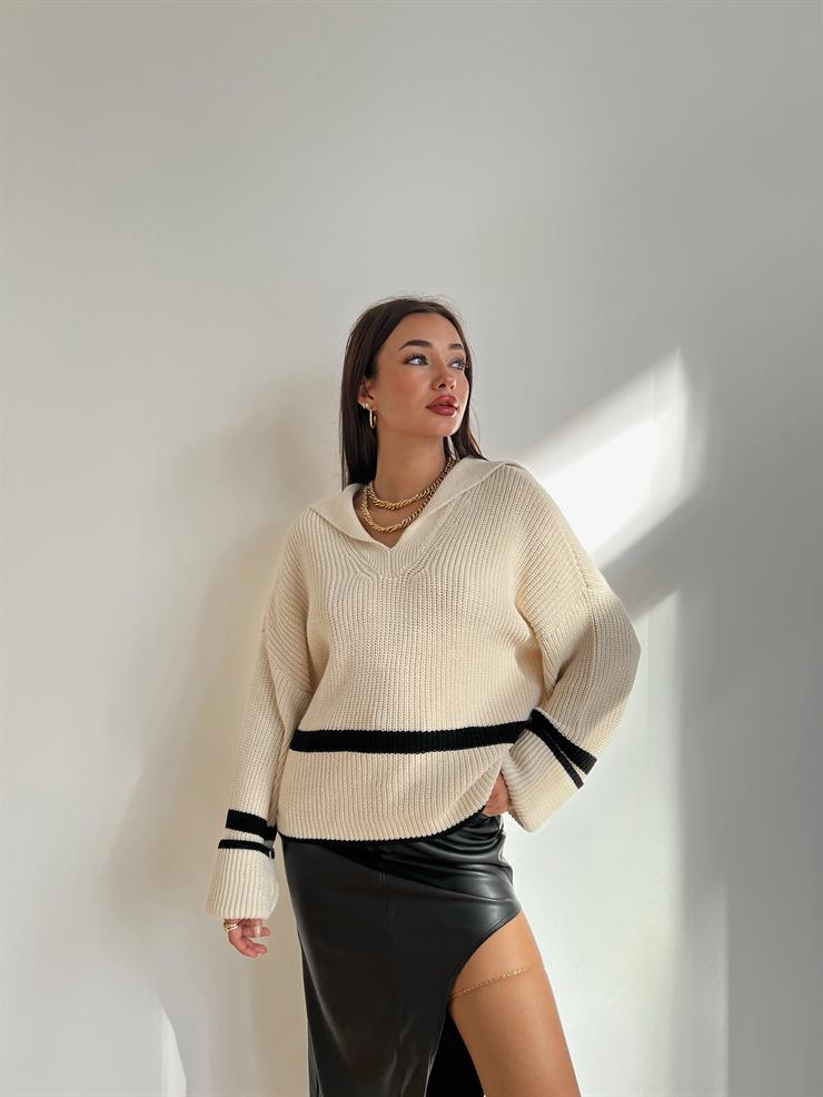 V Yaka Çizgi Detaylı Sevastian Kadın Taş Kazak 24k000017