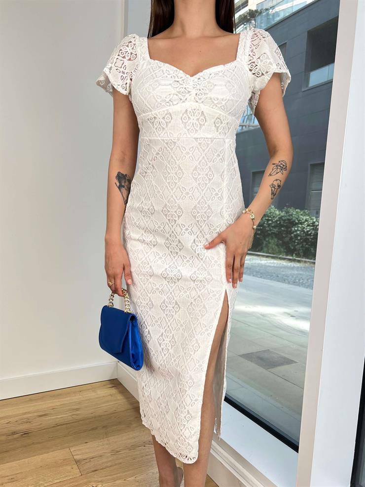 Kısa Kol Önü Büzgü Detaylı Eteği Yırtmaçlı Sharma Kadın Beyaz Midi Elbise 24Y710