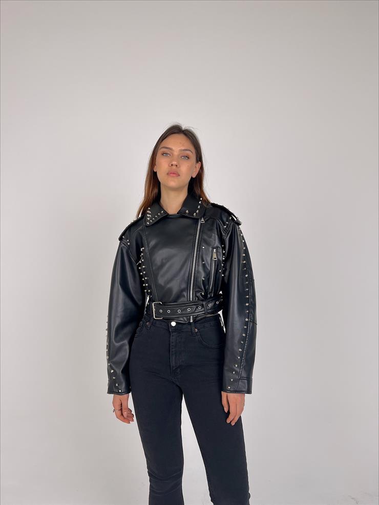 Beli Kemerli Zımbalı Shayla Kadın Siyah Deri Ceket 23Y000034