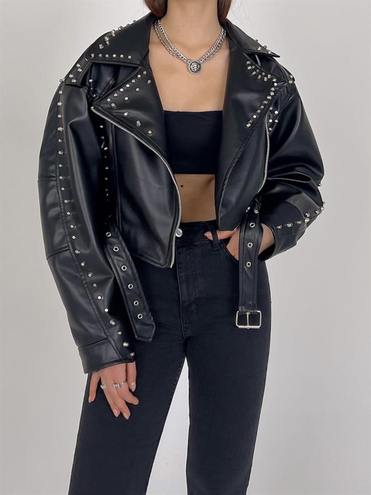 Beli Kemerli Zımbalı Shayla Kadın Siyah Deri Ceket 23Y000034