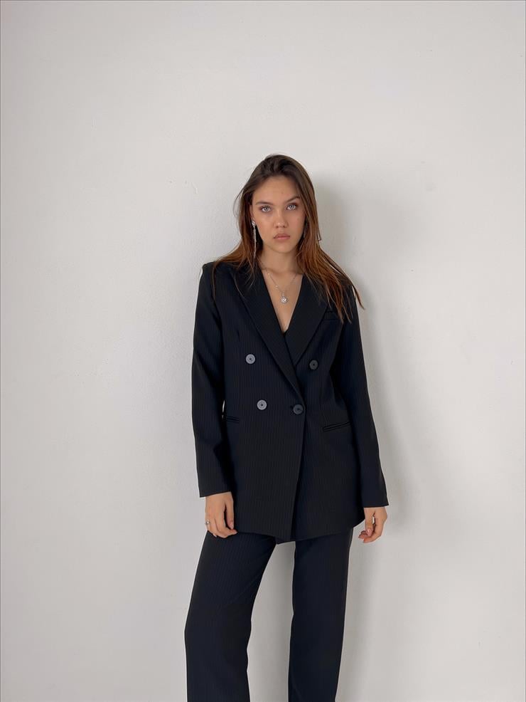 Kruvaze Yaka Düğme Kapamalı Blazer Ceket Yüksek Bel Pantolon Sherry Kadın Çizgili Siyah İkili Takım 23Y000016