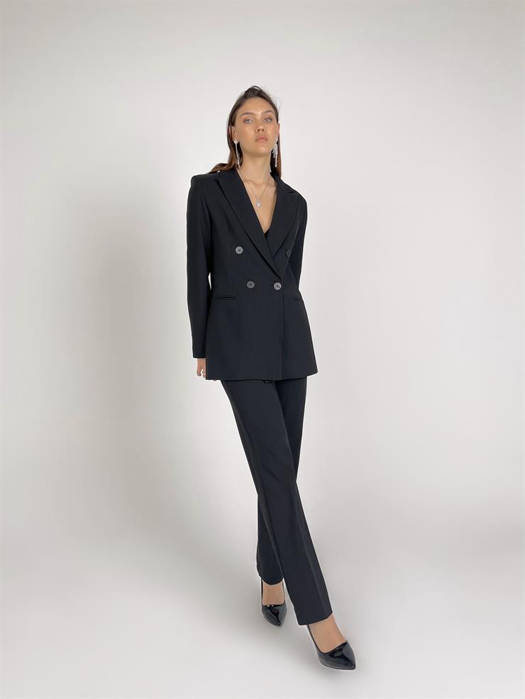 Kruvaze Yaka Düğme Kapamalı Blazer Ceket Yüksek Bel Pantolon Sherry Kadın Çizgili Siyah İkili Takım 23Y000016