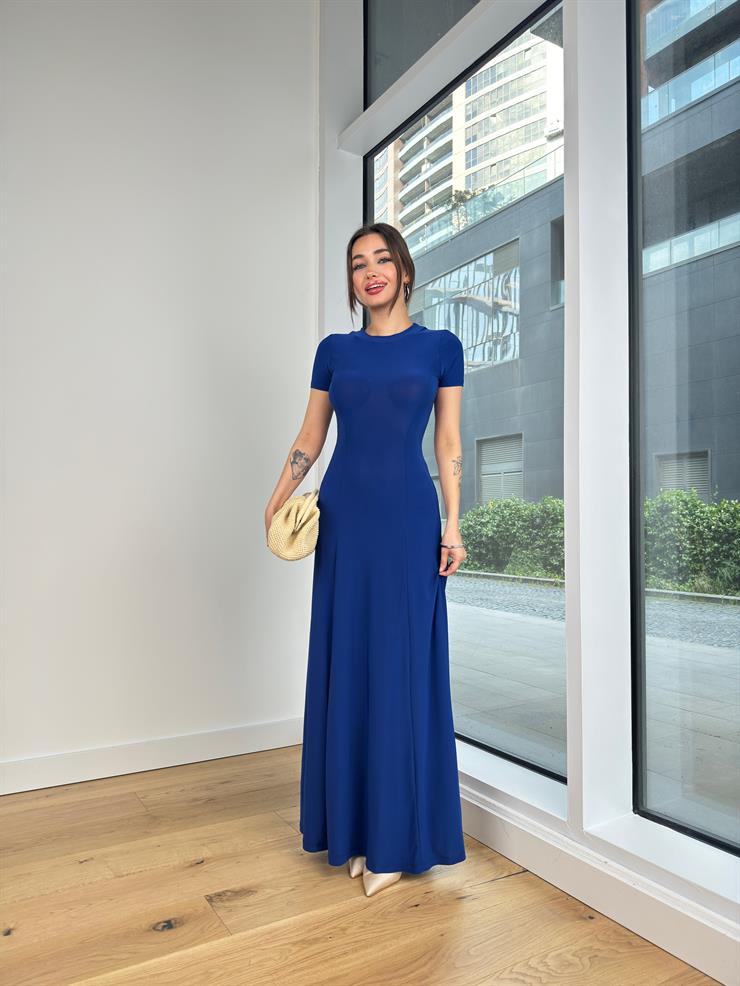 Yuvarlak Yaka Kısa Kol Sheryl Kadın Saks Elbise 24Y582