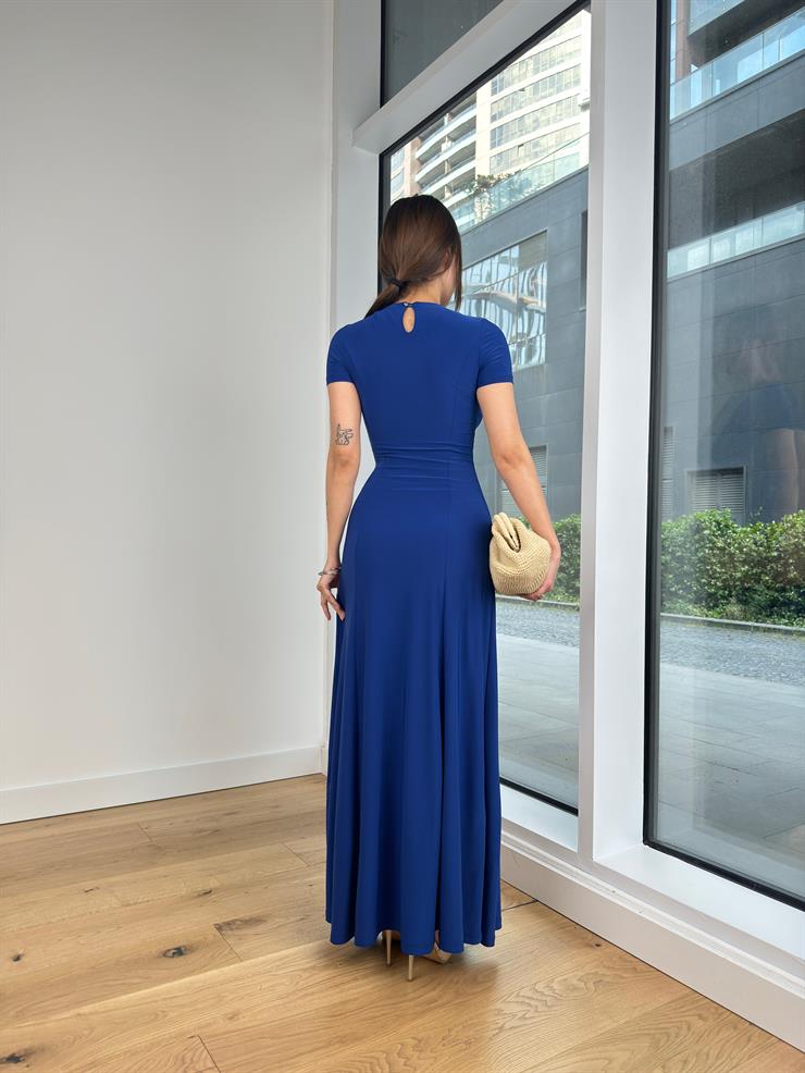 Yuvarlak Yaka Kısa Kol Sheryl Kadın Saks Elbise 24Y582