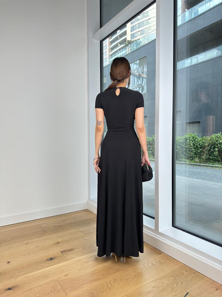 Yuvarlak Yaka Kısa Kol Sheryl Kadın Siyah Elbise 24Y582