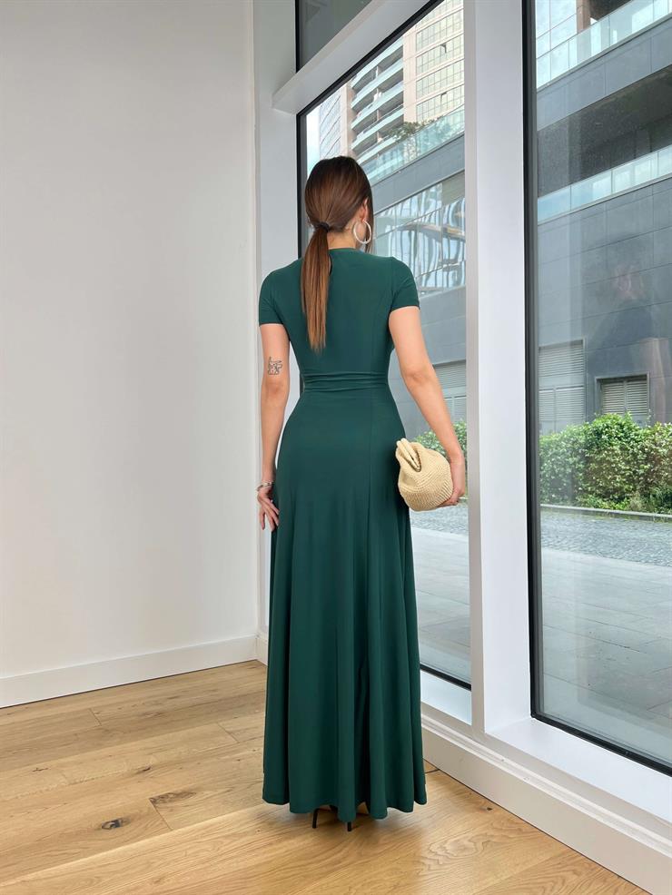 	Yuvarlak Yaka Kısa Kol Sheryl Kadın Zümrüt Elbise 24Y582