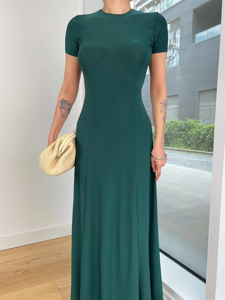 	Yuvarlak Yaka Kısa Kol Sheryl Kadın Zümrüt Elbise 24Y582