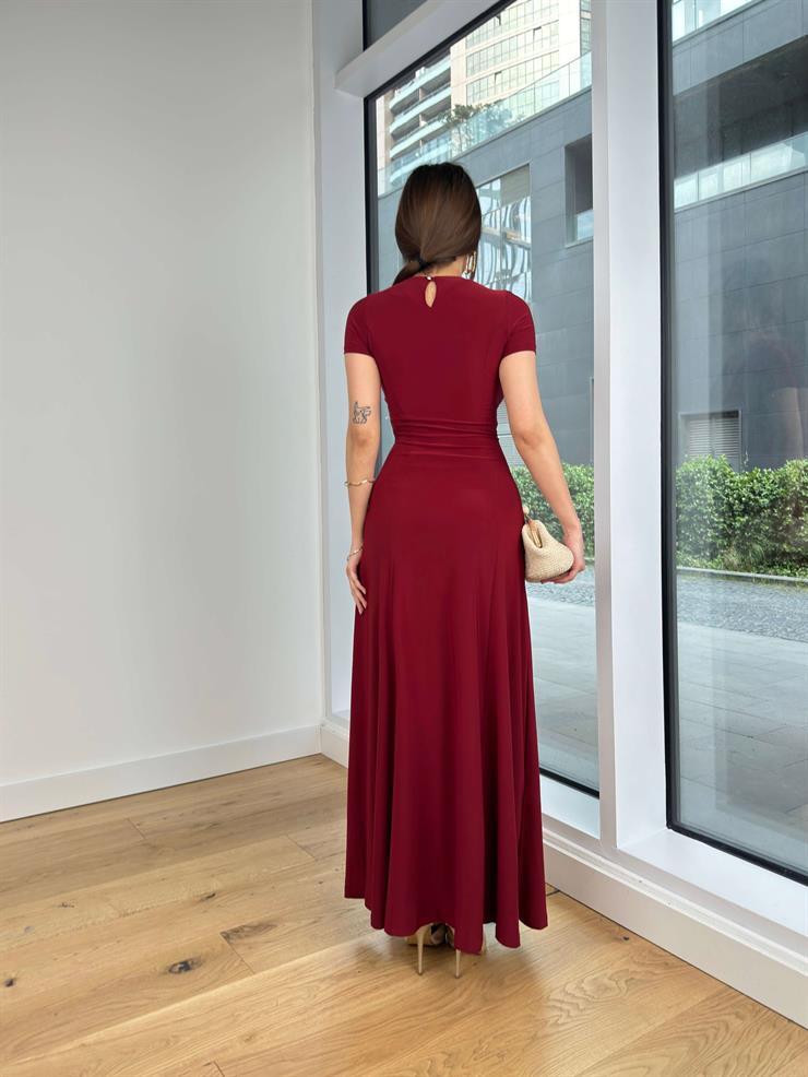 Yuvarlak Yaka Kısa Kol Sheryl Kadın Bordo Elbise 24Y582