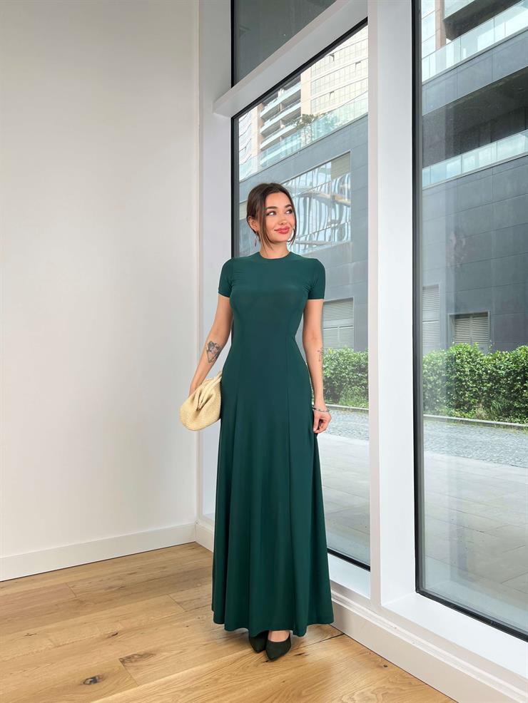 	Yuvarlak Yaka Kısa Kol Sheryl Kadın Zümrüt Elbise 24Y582