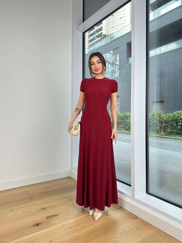 Yuvarlak Yaka Kısa Kol Sheryl Kadın Bordo Elbise 24Y582