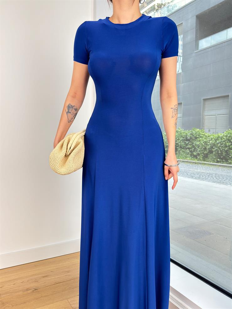 Yuvarlak Yaka Kısa Kol Sheryl Kadın Saks Elbise 24Y582