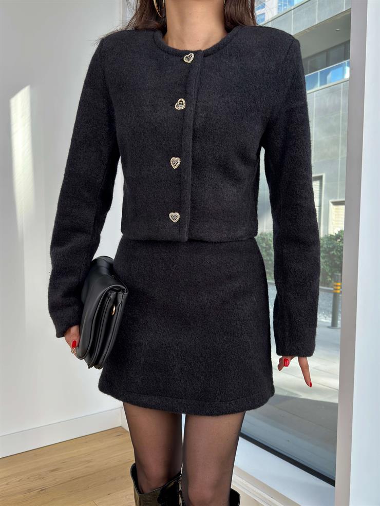 Kalp Düğmeli Ceket Mini Etek Sheyla Siyah Kadın Takım 25K318