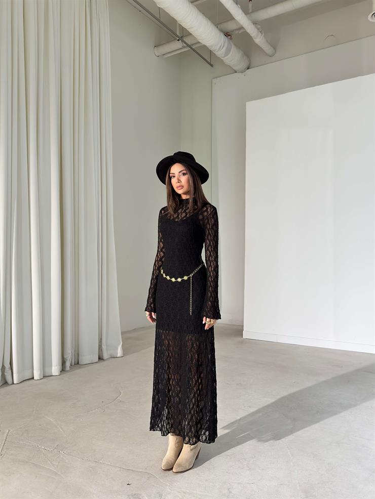 Kemerli Dantel Uzun Kol Shine Siyah Kadın Elbise 26K400