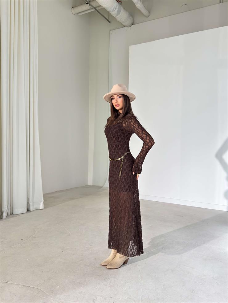 Kemerli Dantel Uzun Kol Shine Kahve Kadın Elbise 26K400