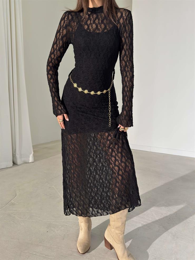 Kemerli Dantel Uzun Kol Shine Siyah Kadın Elbise 26K400