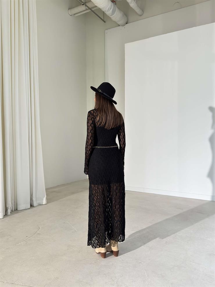 Kemerli Dantel Uzun Kol Shine Siyah Kadın Elbise 26K400