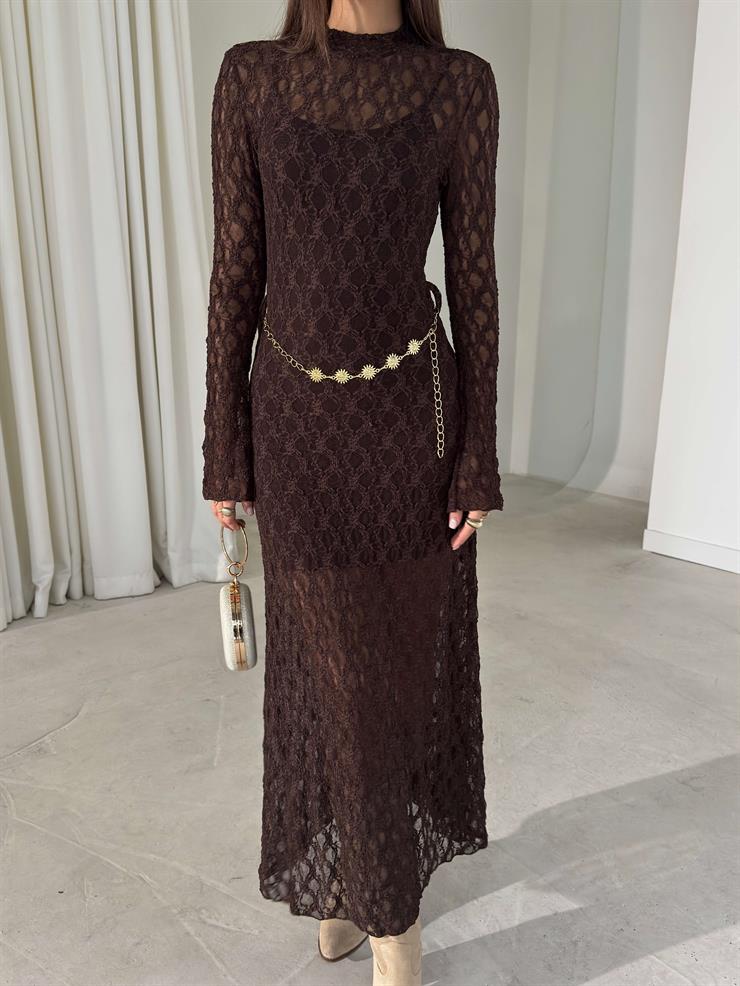 Kemerli Dantel Uzun Kol Shine Kahve Kadın Elbise 26K400