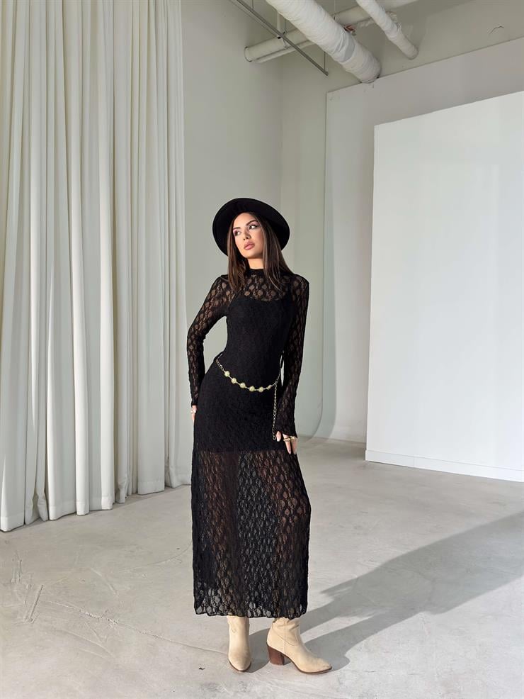 Kemerli Dantel Uzun Kol Shine Siyah Kadın Elbise 26K400