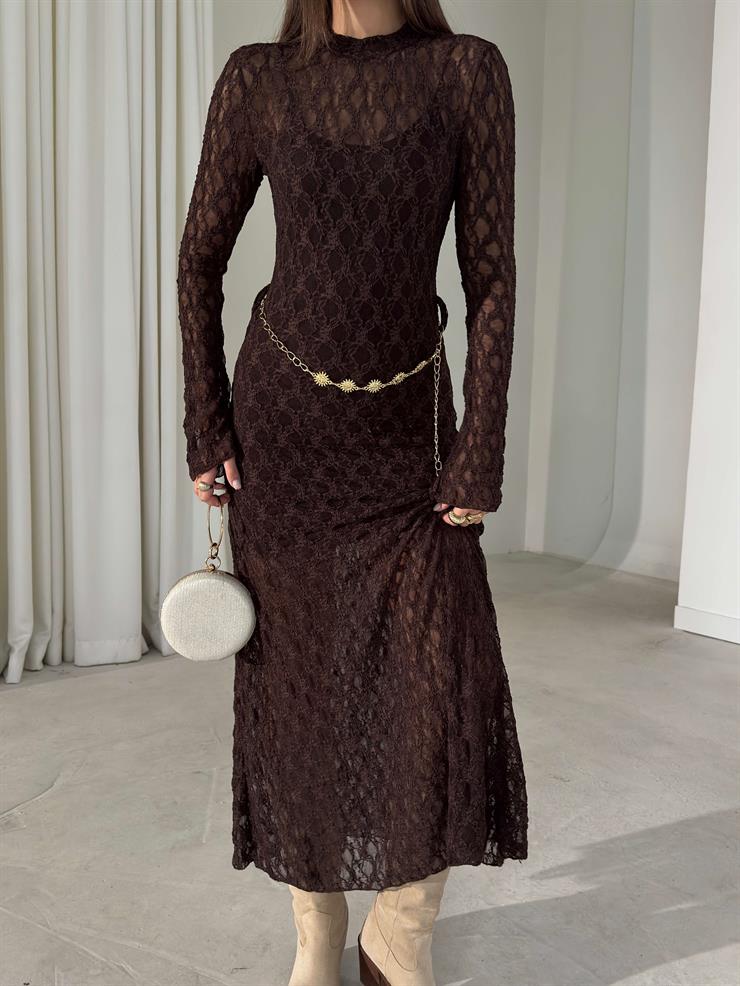 Kemerli Dantel Uzun Kol Shine Kahve Kadın Elbise 26K400