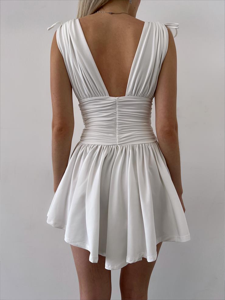 Derin V Yaka Beli Drape Detaylı Shırred Kadın Beyaz Mini Elbise 23Y000222
