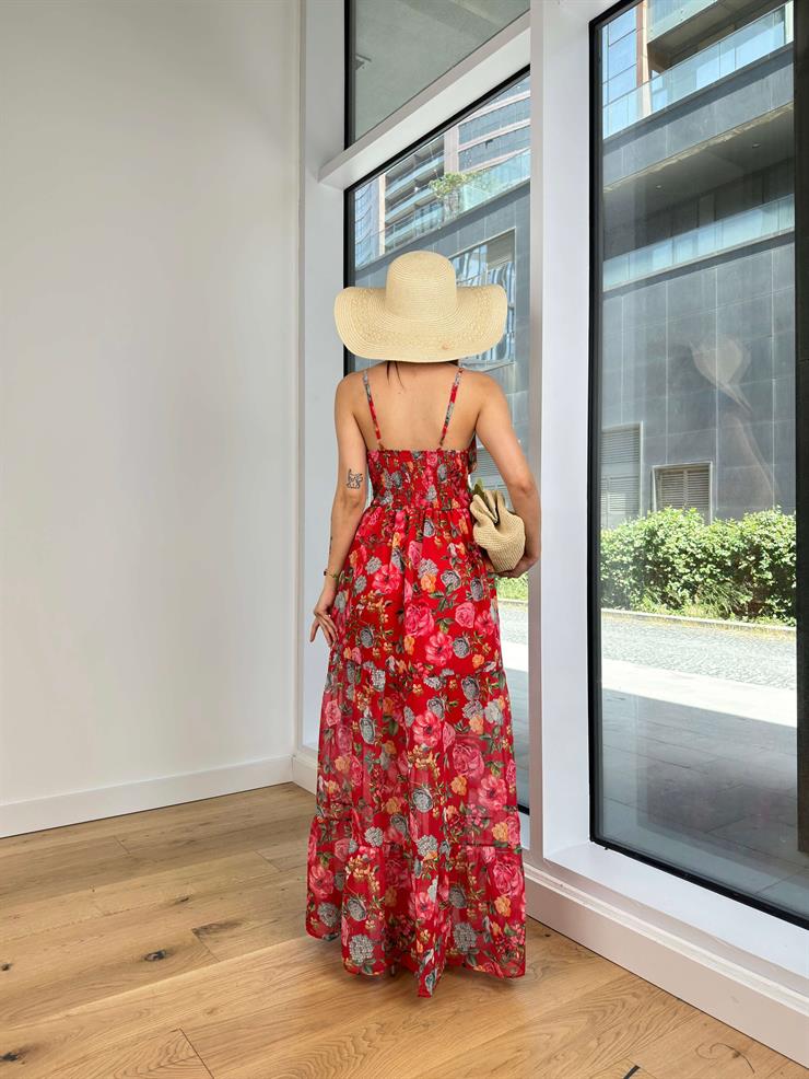 Askılı V Yaka Belden Oturtmalı Shuji Kadın Çiçekli Kırmızı Elbise 24Y711