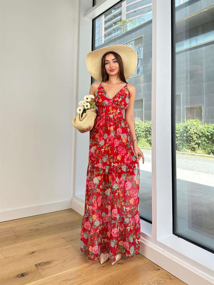 Askılı V Yaka Belden Oturtmalı Shuji Kadın Çiçekli Kırmızı Elbise 24Y711