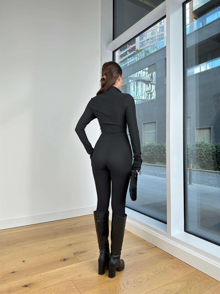 Balıkçı Yaka Önü Fermuarlı Streç Siany Siyah Kadın Tulum 25K314