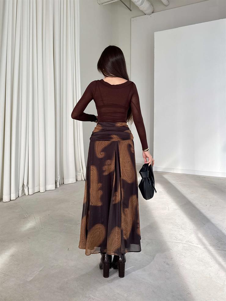 Desenli Drapeli Pileli Yüksek Bel Sıdarli Kahve Kadın Etek 26K387