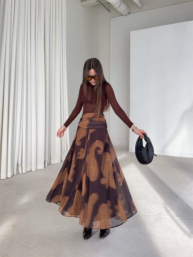 Desenli Drapeli Pileli Yüksek Bel Sıdarli Kahve Kadın Etek 26K387