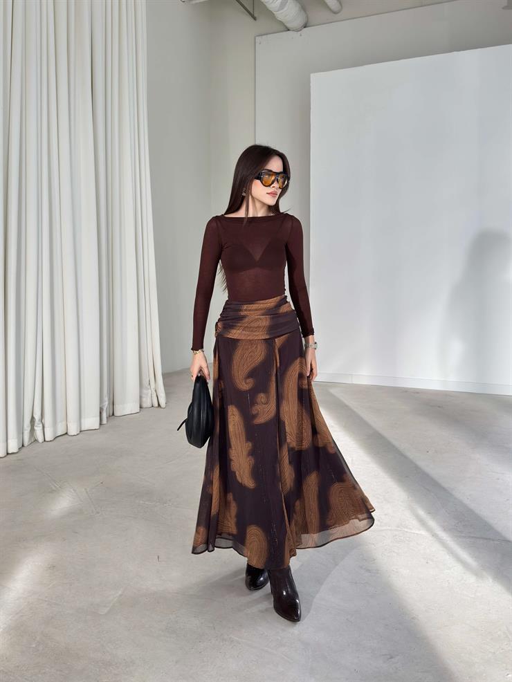 Desenli Drapeli Pileli Yüksek Bel Sıdarli Kahve Kadın Etek 26K387