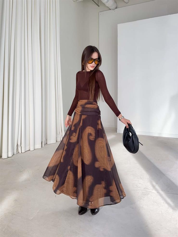 Desenli Drapeli Pileli Yüksek Bel Sıdarli Kahve Kadın Etek 26K387