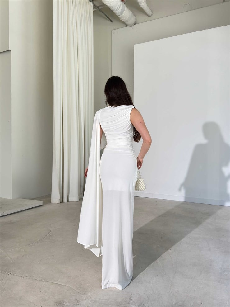 Kendinden Pelerinli Aksesuarlı Drape Detaylı Maxi Ekru Sienna Kadın Elbise 26Y239