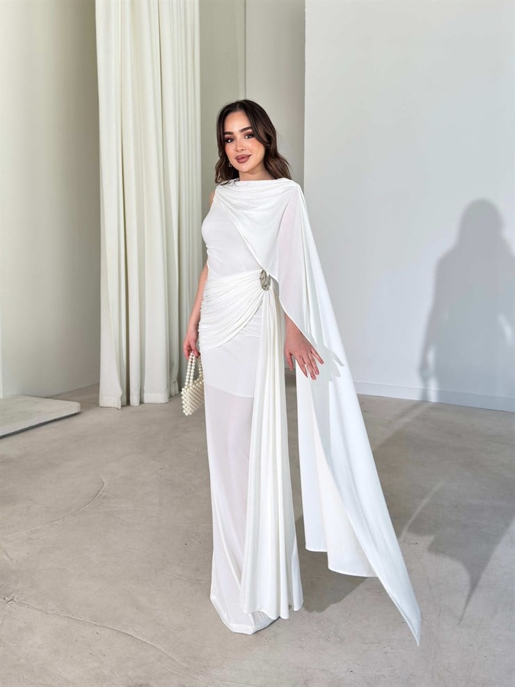 Kendinden Pelerinli Aksesuarlı Drape Detaylı Maxi Ekru Sienna Kadın Elbise 26Y239