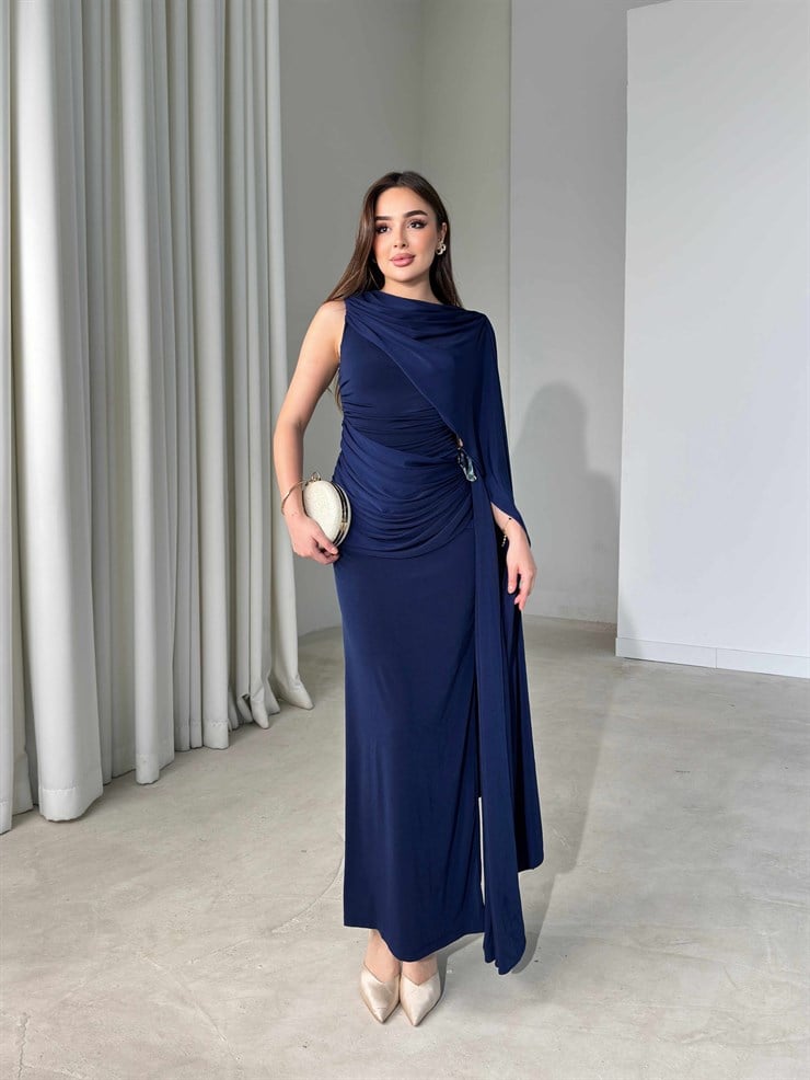 Kendinden Pelerinli Aksesuarlı Drape Detaylı Maxi Lacivert Sienna Kadın Elbise 26Y239