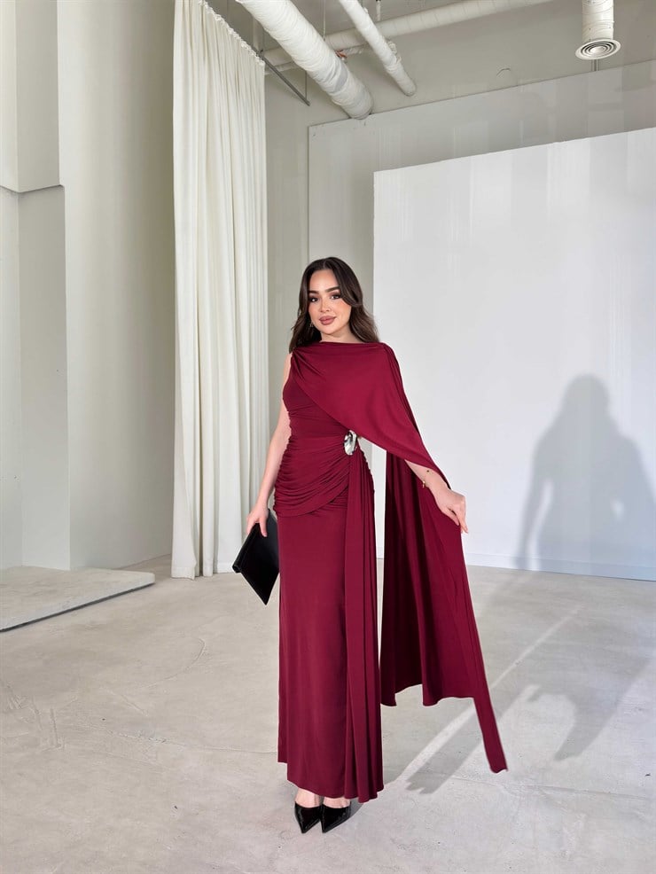 Kendinden Pelerinli Aksesuarlı Drape Detaylı Maxi Bordo Sienna Kadın Elbise 26Y239