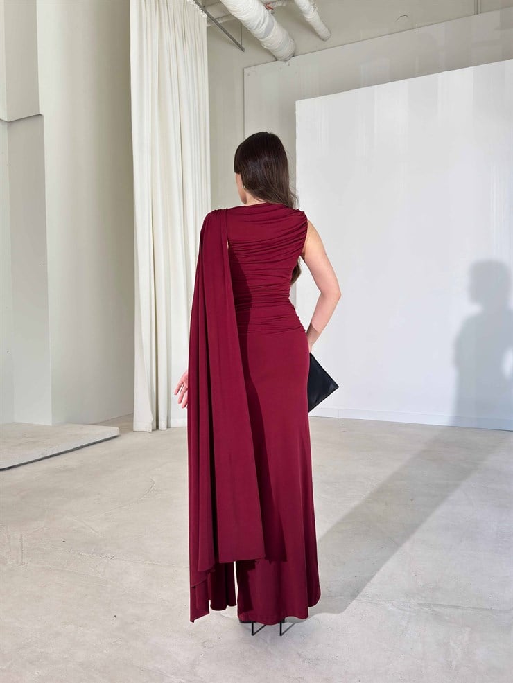 Kendinden Pelerinli Aksesuarlı Drape Detaylı Maxi Bordo Sienna Kadın Elbise 26Y239