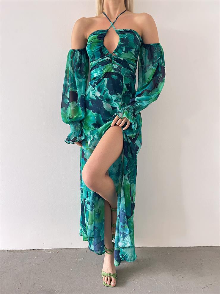 Şifon Boyundan Bağlamalı Desenli Düşük Kol Yırtmaçlı Sister Kadın Yeşil Elbise 22Y000395