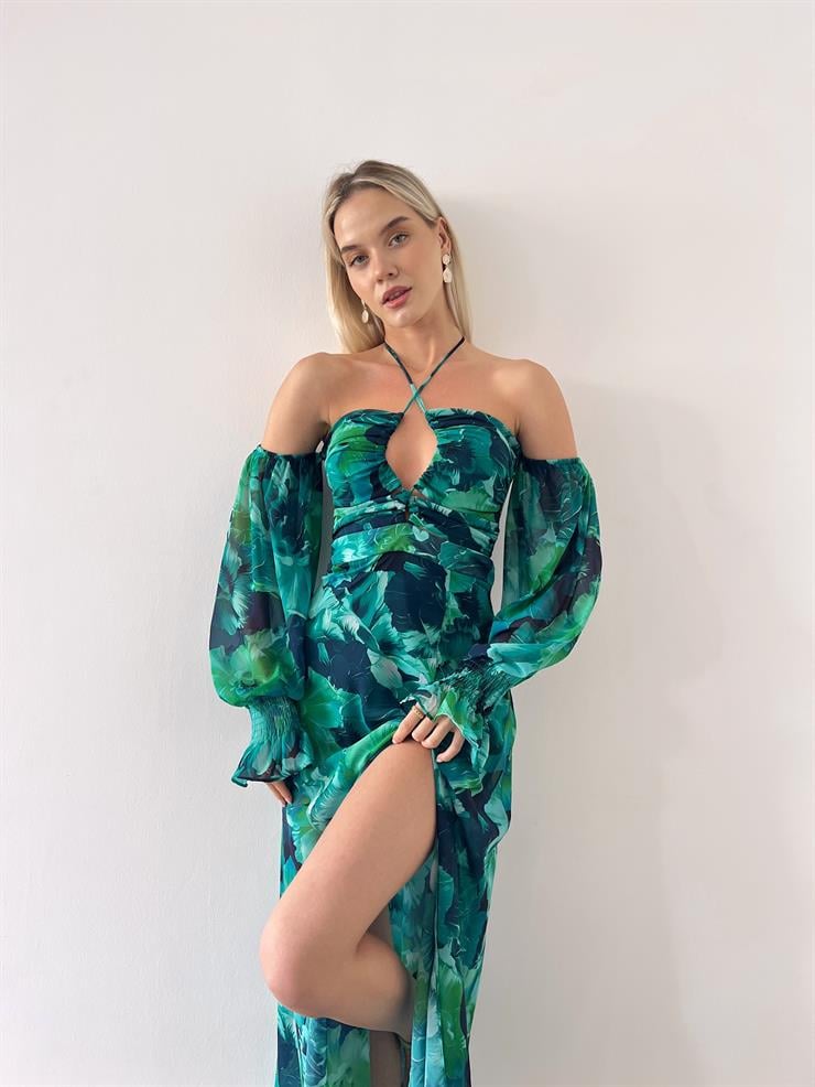 Şifon Boyundan Bağlamalı Desenli Düşük Kol Yırtmaçlı Sister Kadın Yeşil Elbise 22Y000395